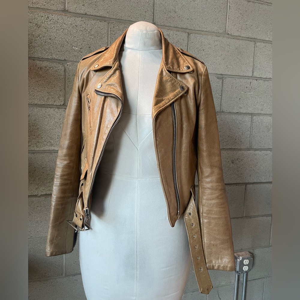 Schott  NYC Cropped Perfecto Tan Leather Jacket Size Small
